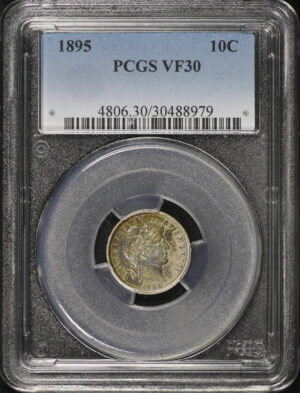 Obverse of this 1895 Barber Dime PCGS VF-30 Obverse Rainbow Toning