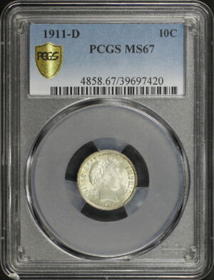Obverse of this 1911-D Barber Dime PCGS MS-67