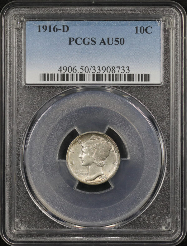 Obverse of this 1916-D Mercury Dime PCGS AU-50