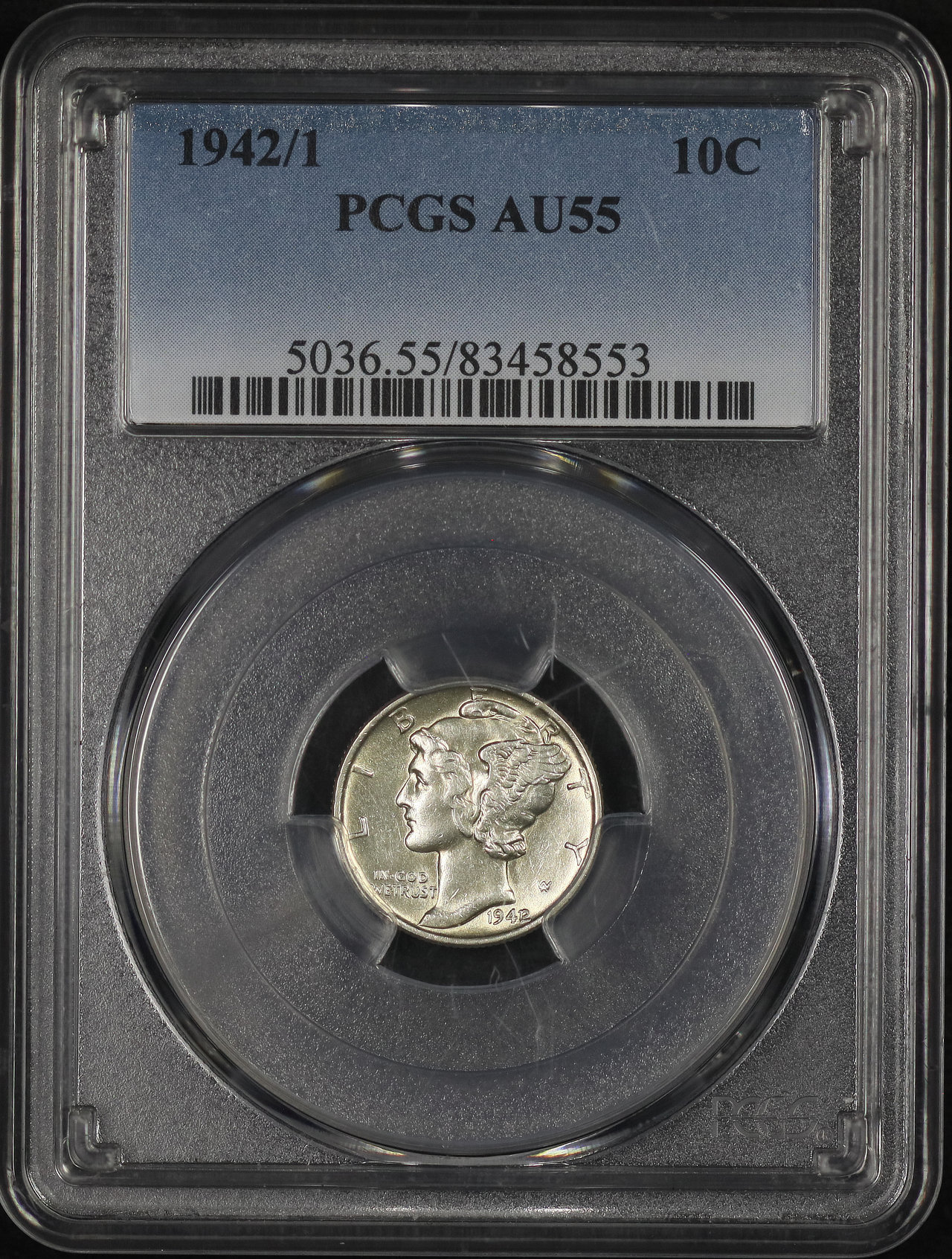 Obverse of this 1942/1 Mercury Dime PCGS AU-55