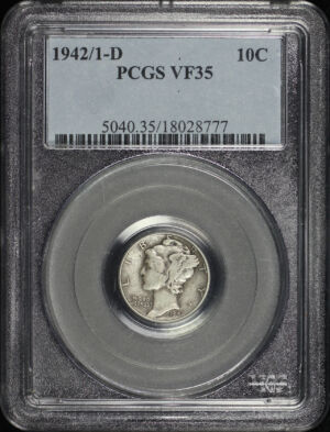 Obverse of this 1942/1-D Mercury Dime PCGS VF-35