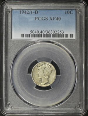 Obverse of this 1942/1-D Mercury Dime PCGS XF-40