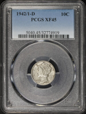 Obverse of this 1942/1-D Mercury Dime PCGS XF-45