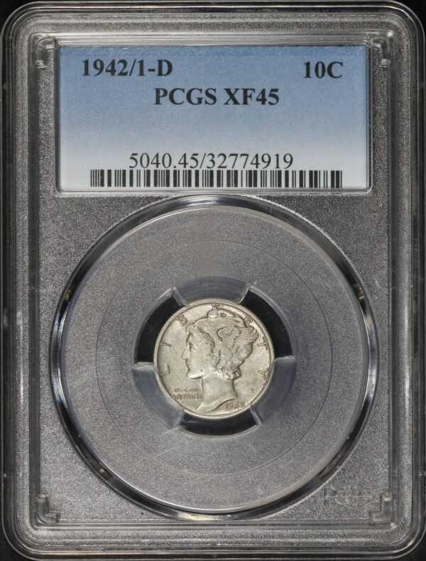 Obverse of this 1942/1-D Mercury Dime PCGS XF-45