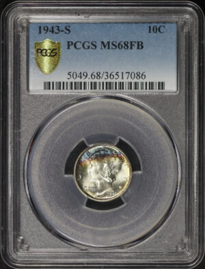 Obverse of this 1943-S Mercury Dime PCGS MS-68 FB Blue & Sunset Hue Rim Toning
