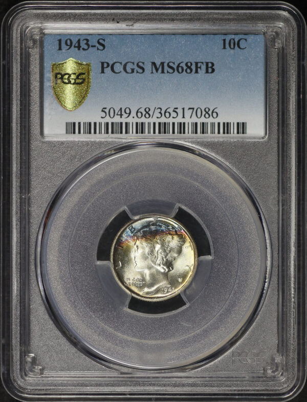 Obverse of this 1943-S Mercury Dime PCGS MS-68 FB Blue & Sunset Hue Rim Toning