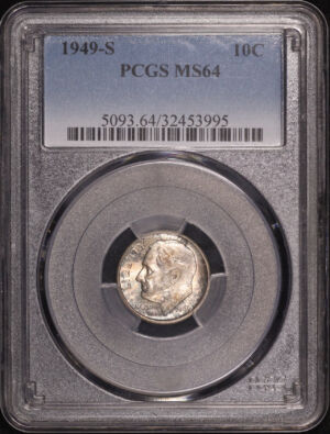 Obverse of this 1949-S Roosevelt Dime PCGS MS-64 – Spotty Dark Blue Toning!