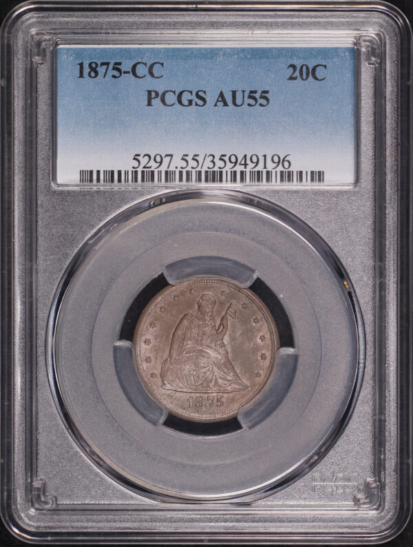 Obverse of this 1875-CC Twenty Cent PCGS AU-55