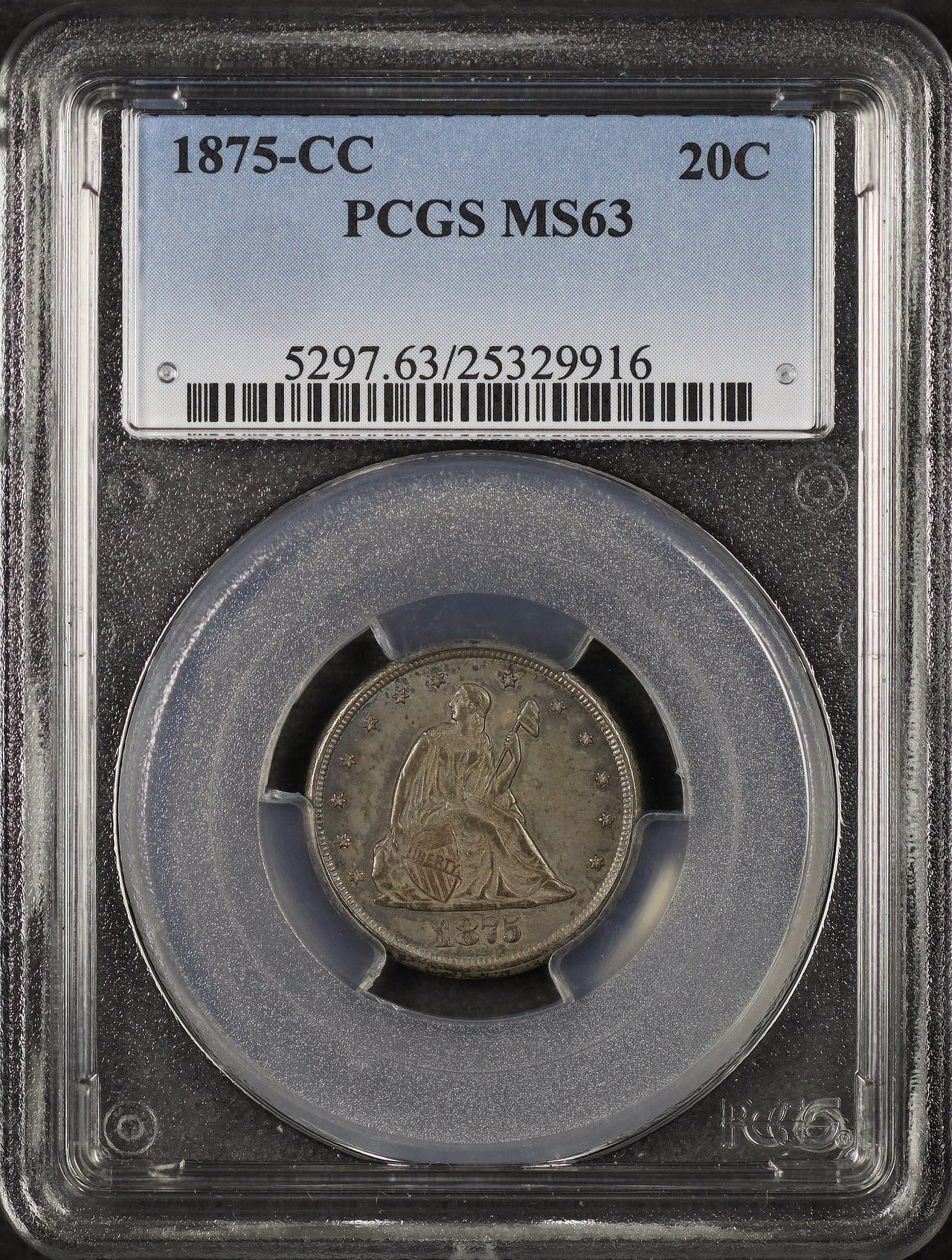 Obverse of this 1875-CC Twenty Cent PCGS MS-63