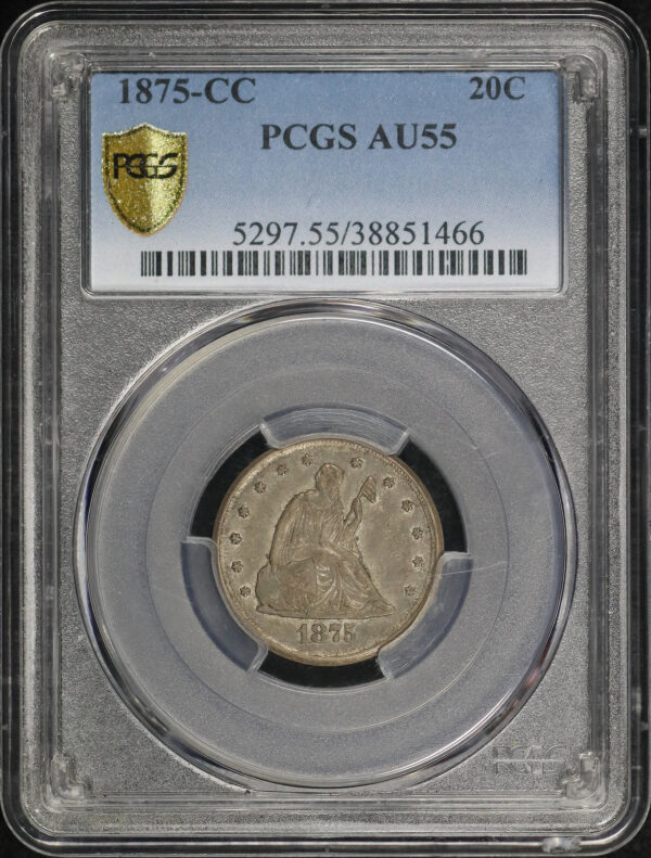 Obverse of this 1875-CC Twenty Cent PCGS AU-55