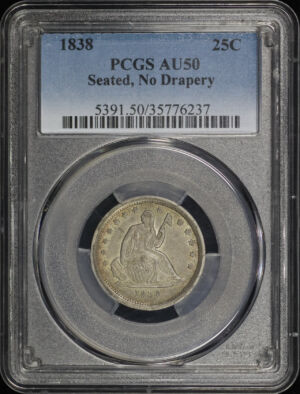 Obverse of this 1838 Liberty Seated Quarter Seated, No Drapery PCGS AU-50