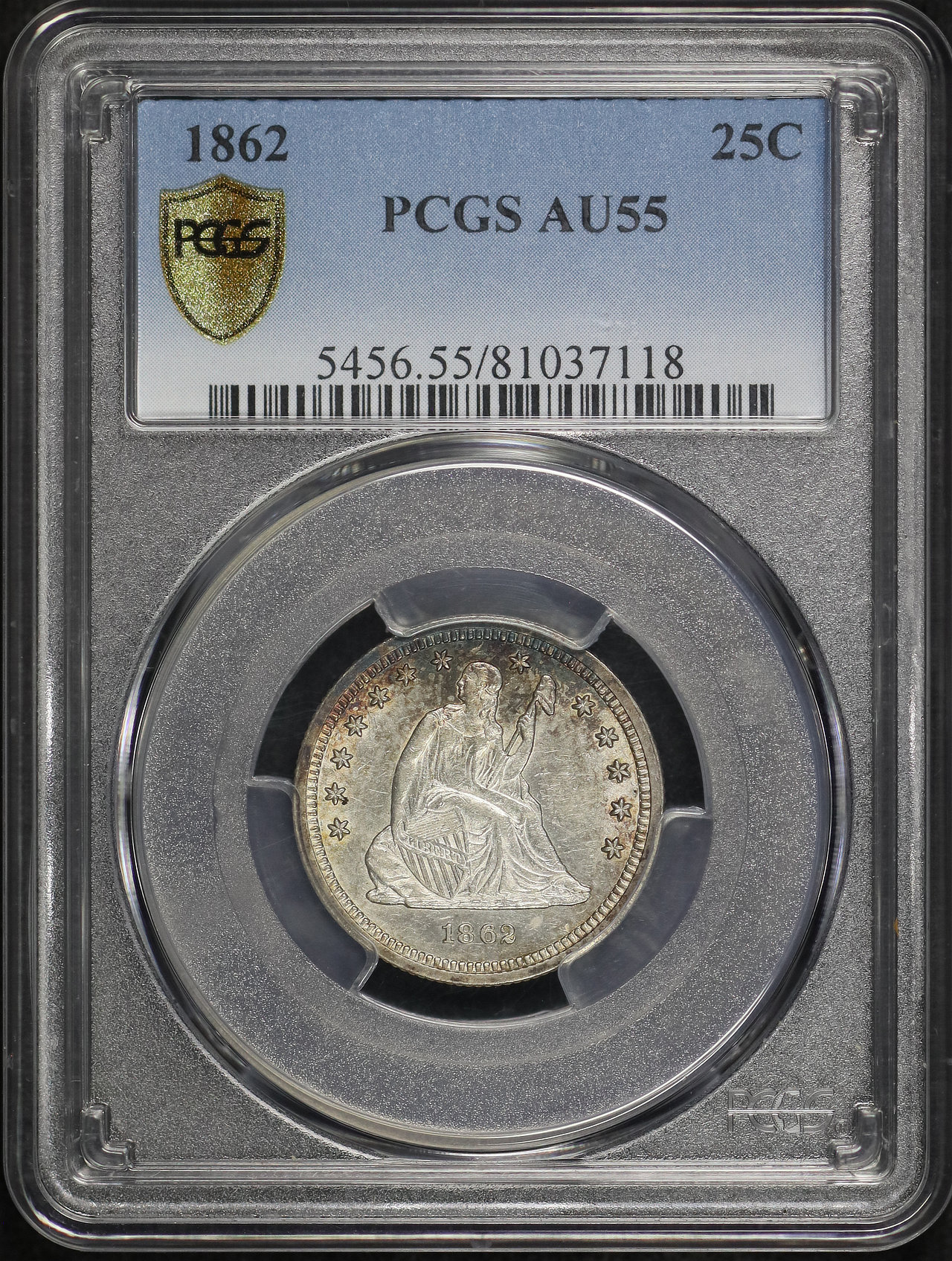 Obverse of this 1862 Liberty Seated Quarter PCGS AU-55