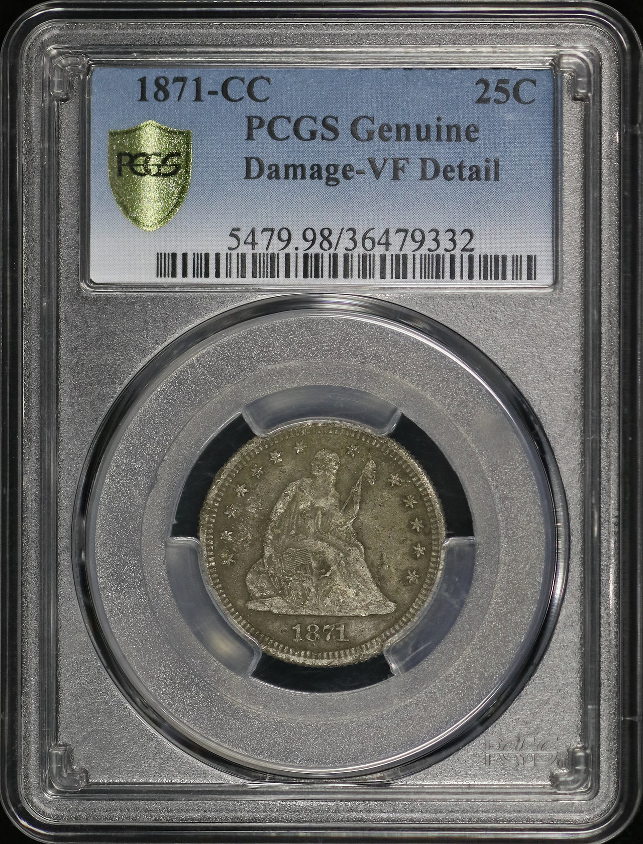 Obverse of this 1871-CC Liberty Seated Quarter PCGS VF Details Damaged