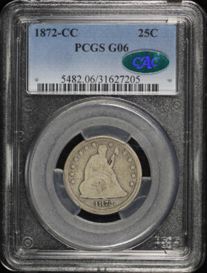 Obverse of this 1872-CC Liberty Seated Quarter PCGS G-06 CAC