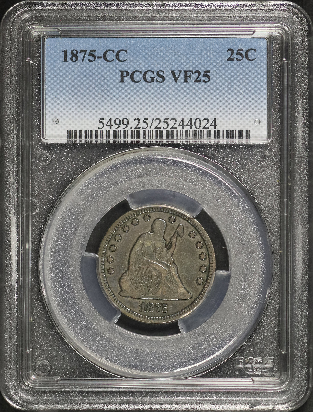 Obverse of this 1875-CC Liberty Seated Quarter PCGS VF-25