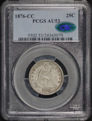 Obverse of this 1876-CC Liberty Seated Quarter PCGS AU-53 CAC