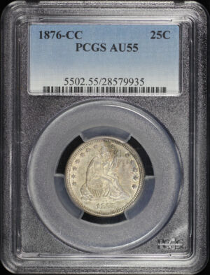 Obverse of this 1876-CC Liberty Seated Quarter PCGS AU-55