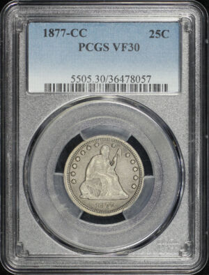 Obverse of this 1877-CC Liberty Seated Quarter PCGS VF-30