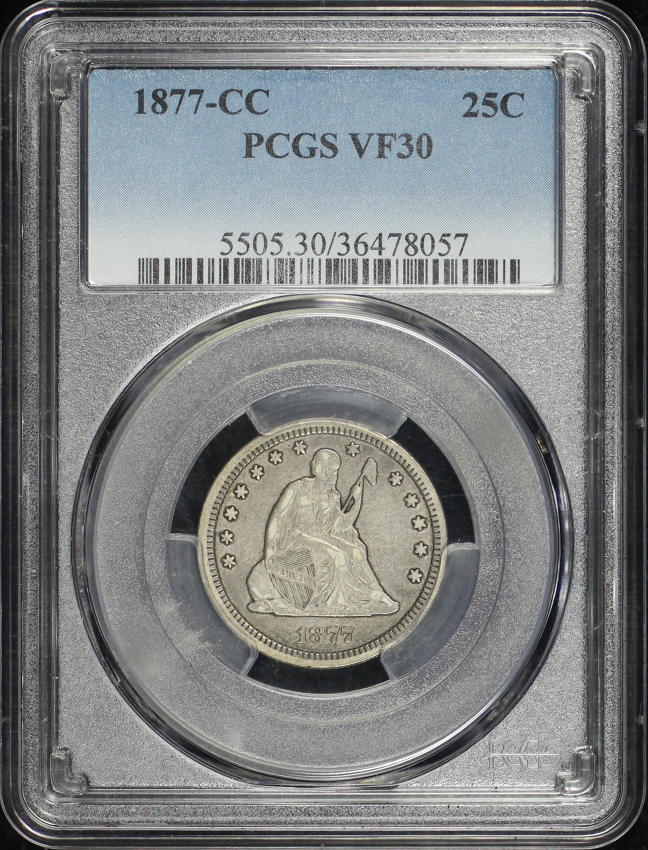 Obverse of this 1877-CC Liberty Seated Quarter PCGS VF-30