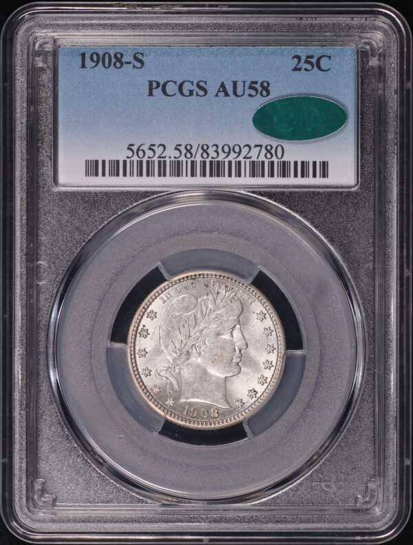 Obverse of this 1908-S Barber Quarter PCGS AU-58 CAC