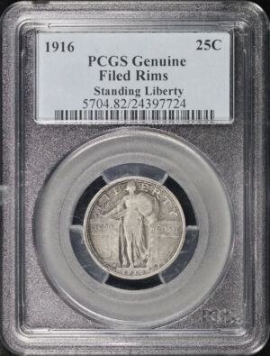 Obverse of this 1916 Standing Liberty Quarter PCGS Genuine Filed Rims