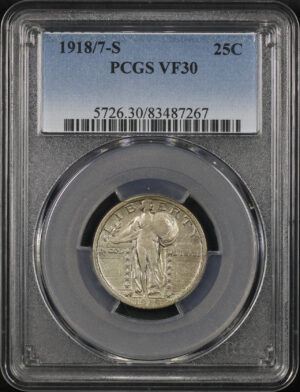 Obverse of this 1918/7-S Standing Liberty Quarter PCGS VF-30