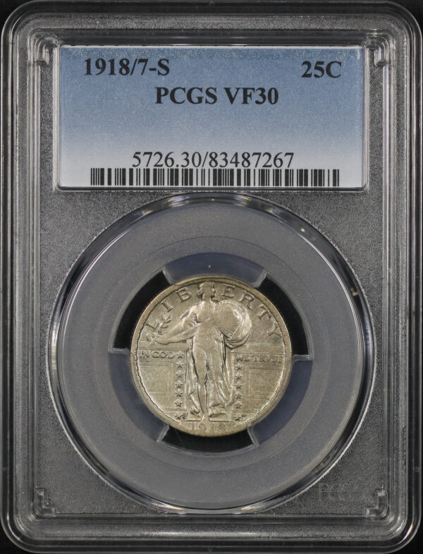Obverse of this 1918/7-S Standing Liberty Quarter PCGS VF-30