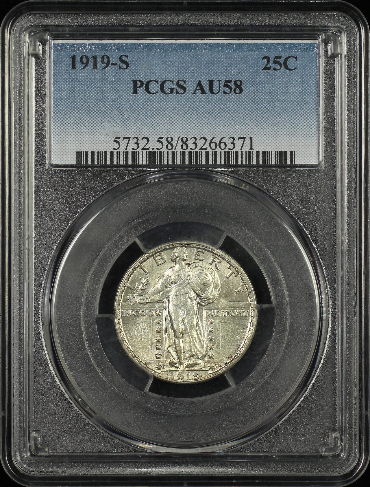 Obverse of this 1919-S Standing Liberty Quarter PCGS AU-58