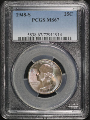 Obverse of this 1948-S Washington Quarter PCGS MS-67 – Blue, Violet, & Sunset Hue Toning