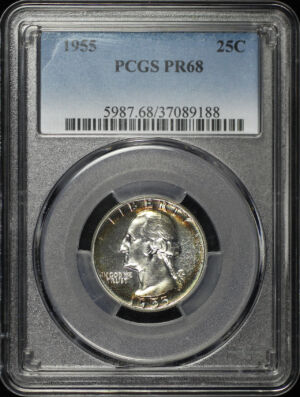 Obverse of this 1955 Washington Quarter PCGS PR-68 Rainbow Toning