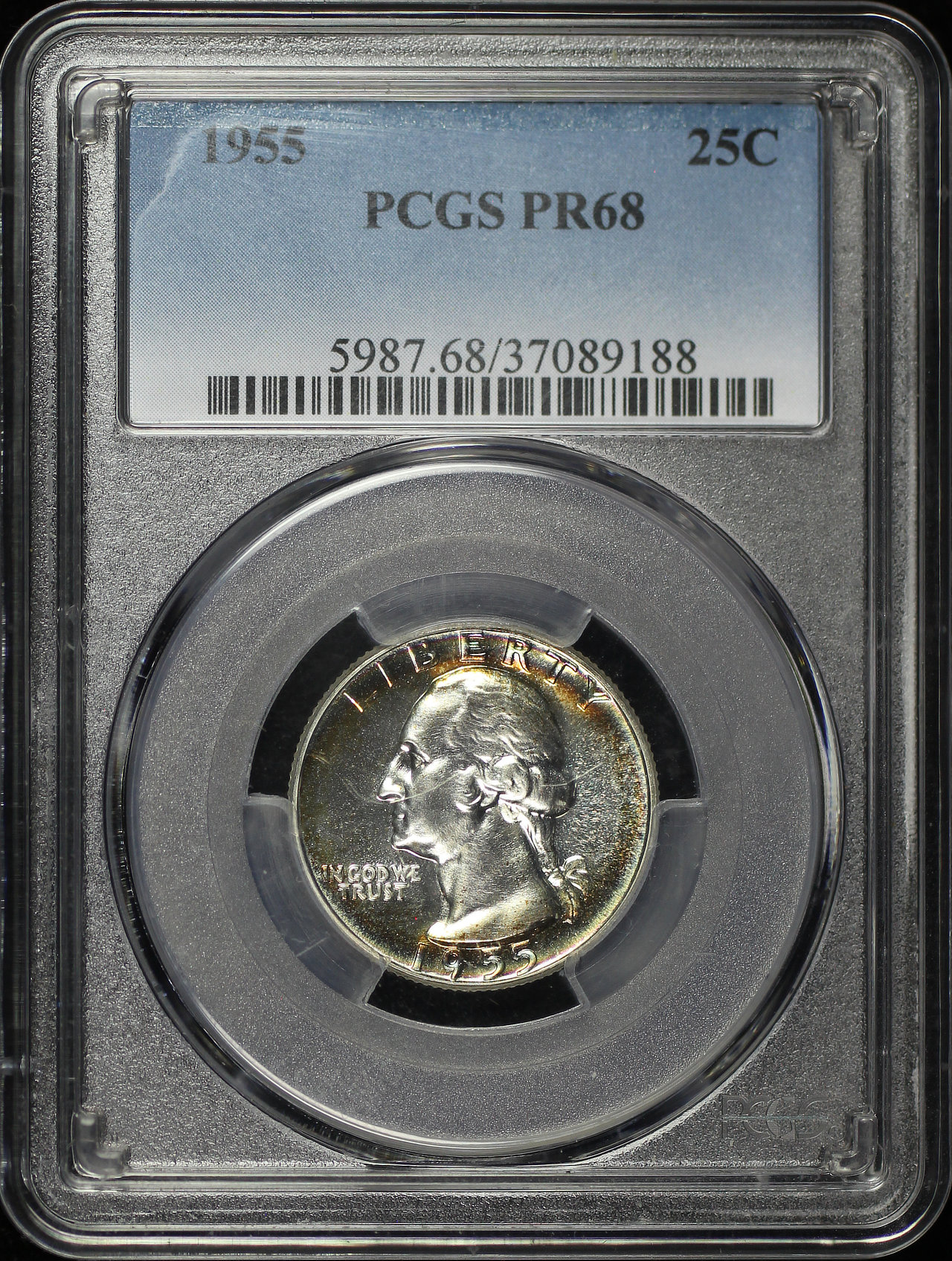 Obverse of this 1955 Washington Quarter PCGS PR-68 Rainbow Toning