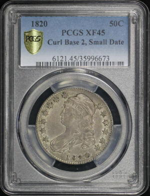 Obverse of this 1820 Capped Bust Half Dollar Curl Base 2, Small Date PCGS XF-45
