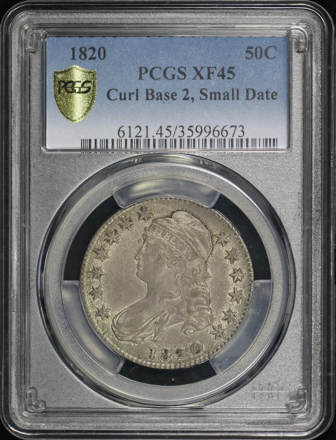 Obverse of this 1820 Capped Bust Half Dollar Curl Base 2, Small Date PCGS XF-45