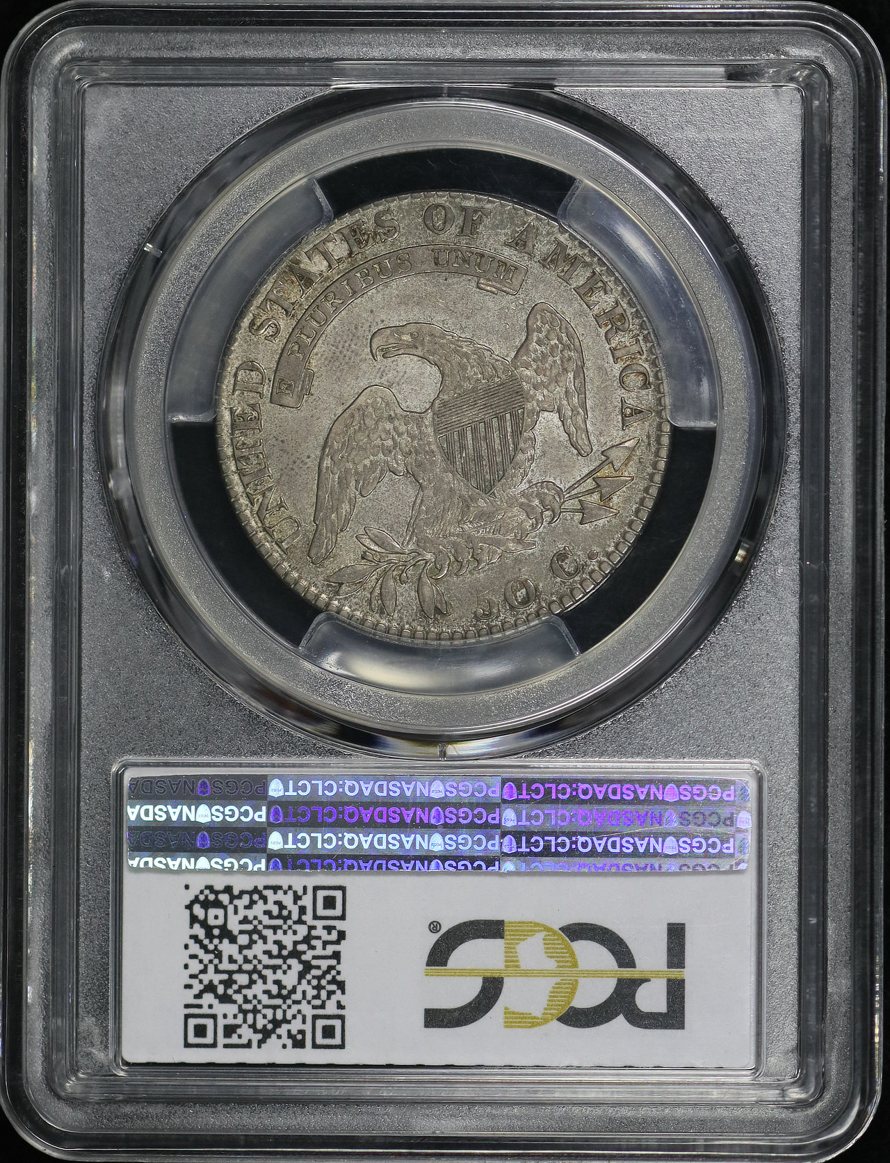 Reverse of this 1820 Capped Bust Half Dollar Curl Base 2, Small Date PCGS XF-45