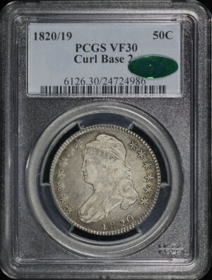 Obverse of this 1820/19 Capped Bust Half Dollar Curl Base 2 PCGS VF-30 CAC
