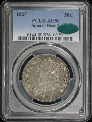 Obverse of this 1827 Capped Bust Half Dollar Square Base 2 PCGS AU-50 CAC