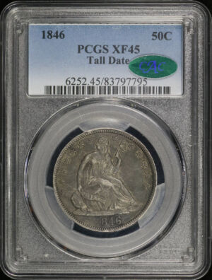 Obverse of this 1846 Liberty Seated Half Dollar Tall Date PCGS XF-45 CAC