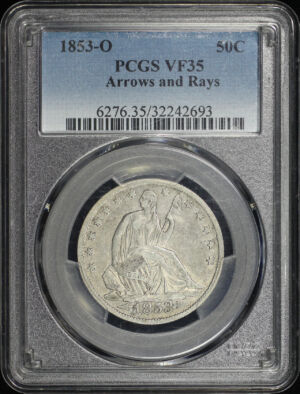 Obverse of this 1853-O Liberty Seated Half Dollar Arrows and Rays PCGS VF-35