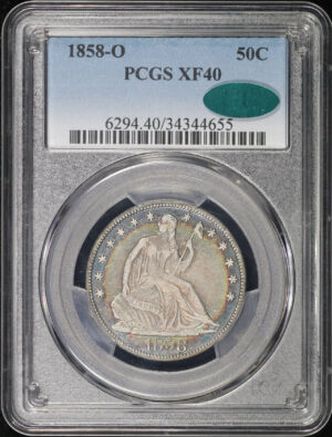 Obverse of this 1858-O Liberty Seated Half Dollar PCGS XF-40 CAC Rainbow Bullseye Toning