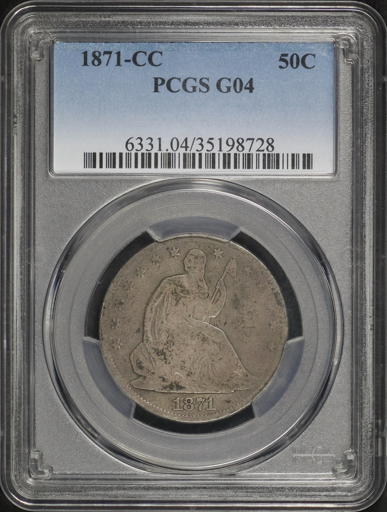 Obverse of this 1871-CC Liberty Seated Half Dollar PCGS G-04