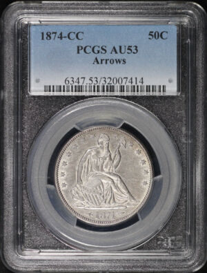 Obverse of this 1874-CC Liberty Seated Half Dollar with Arrows PCGS AU-53