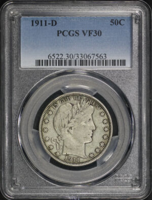 Obverse of this 1911-D Barber Half Dollar PCGS VF-30