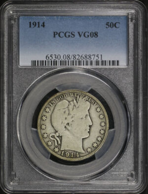 Obverse of this 1914 Barber Half Dollar PCGS VG-08