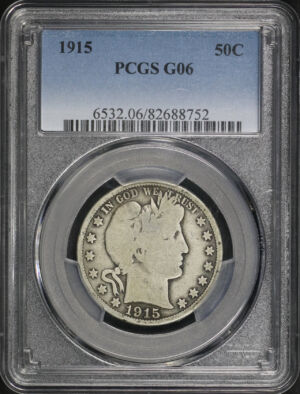 Obverse of this 1915 Barber Half Dollar PCGS G-06