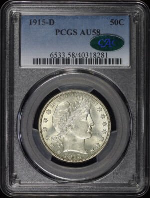 Obverse of this 1915-D Barber Half Dollar PCGS AU-58 CAC