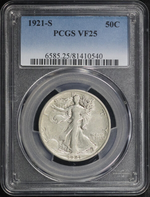 Obverse of this 1921-S Walking Liberty Half Dollar PCGS VF-25
