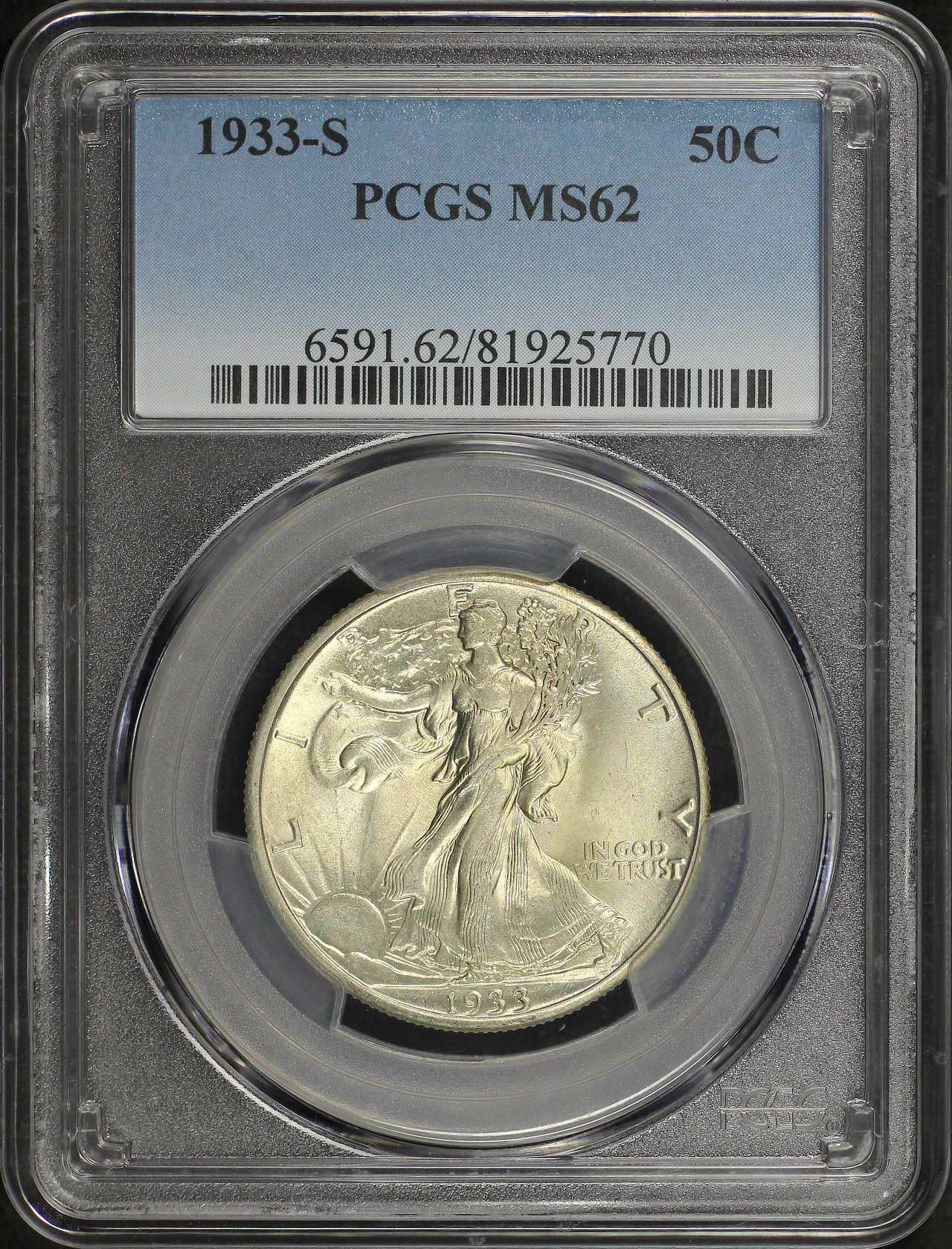 Obverse of this 1933-S Walking Liberty Half Dollar PCGS MS-62