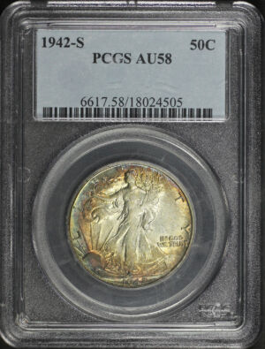 Obverse of this 1942-S Walking Liberty Half Dollar PCGS AU-58