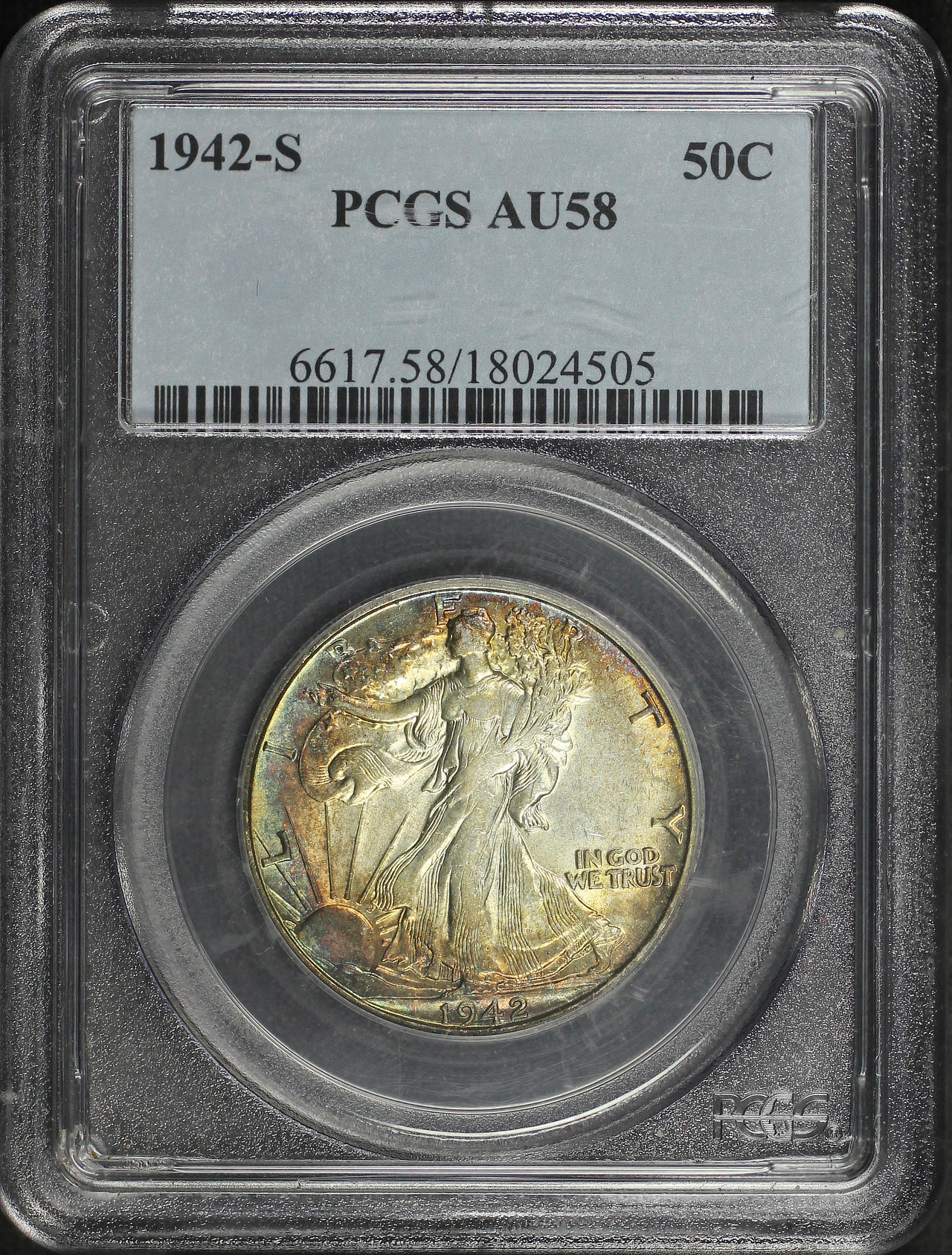 Obverse of this 1942-S Walking Liberty Half Dollar PCGS AU-58
