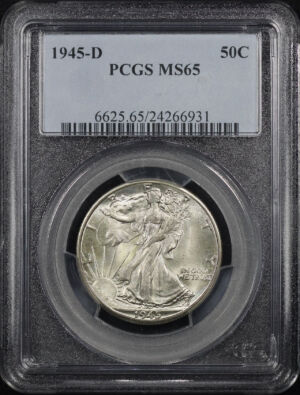 Obverse of this 1945-D Walking Liberty Half Dollar PCGS MS-65